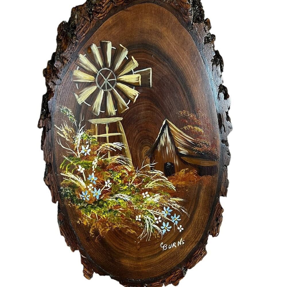 Handpainted windmill & wooden old barn on wood